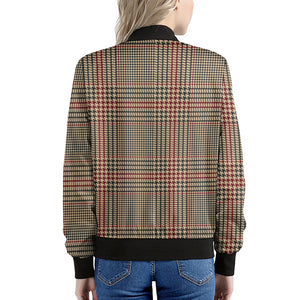 Brown Beige And Red Glen Plaid Print Women's Bomber Jacket