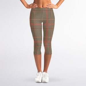 Brown Beige And Red Glen Plaid Print Women's Capri Leggings