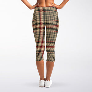 Brown Beige And Red Glen Plaid Print Women's Capri Leggings