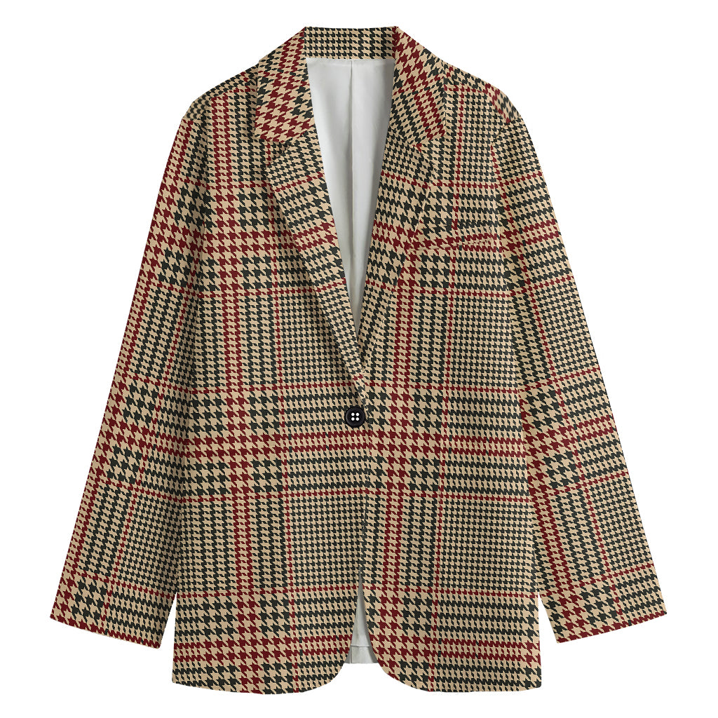 Brown Beige And Red Glen Plaid Print Women's Cotton Blazer