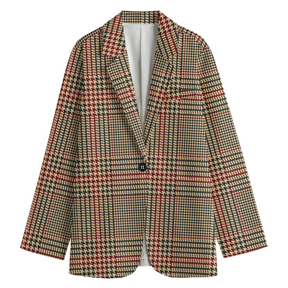 Brown Beige And Red Glen Plaid Print Women's Cotton Blazer