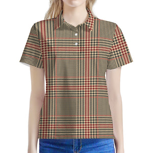 Brown Beige And Red Glen Plaid Print Women's Polo Shirt