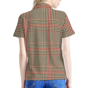 Brown Beige And Red Glen Plaid Print Women's Polo Shirt