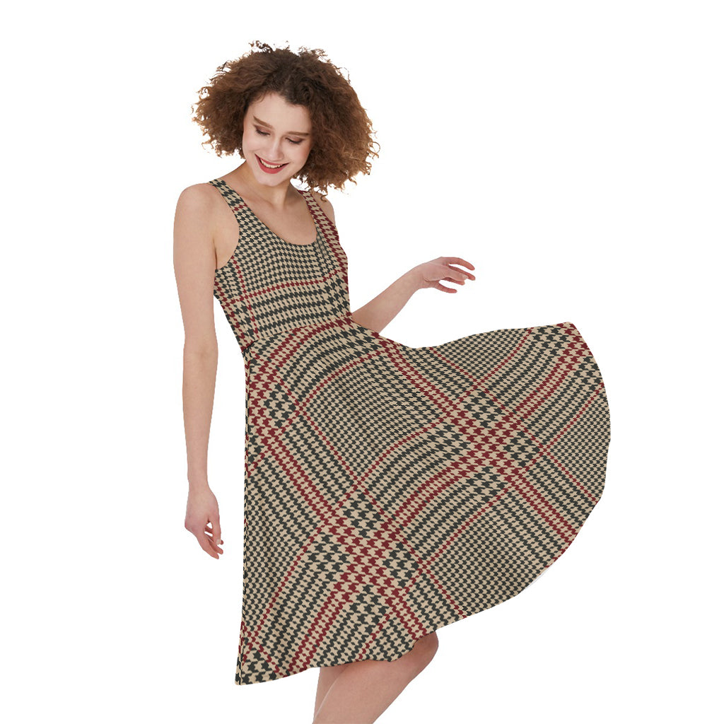 Brown Beige And Red Glen Plaid Print Women's Sleeveless Dress