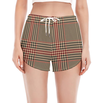 Brown Beige And Red Glen Plaid Print Women's Split Running Shorts