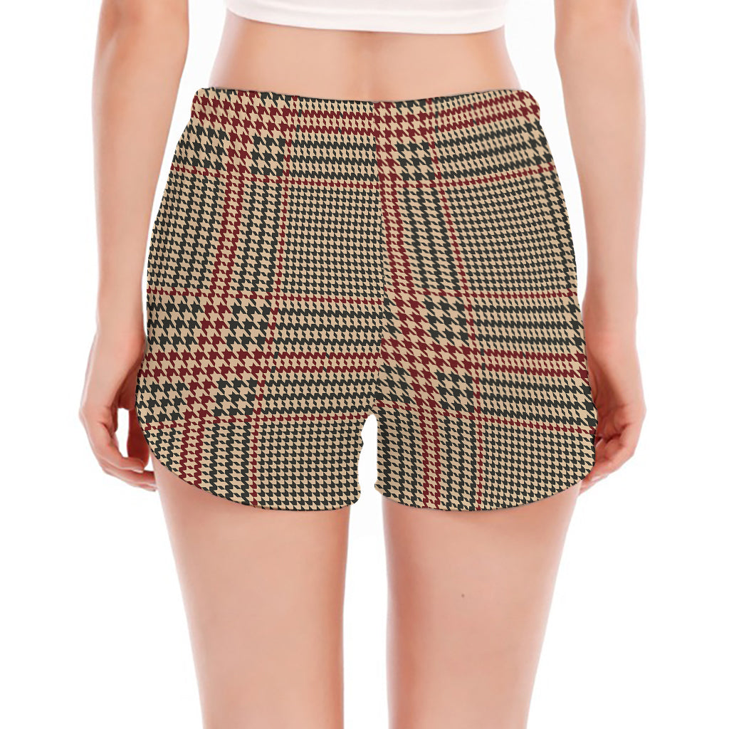Brown Beige And Red Glen Plaid Print Women's Split Running Shorts