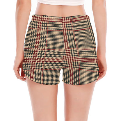 Brown Beige And Red Glen Plaid Print Women's Split Running Shorts