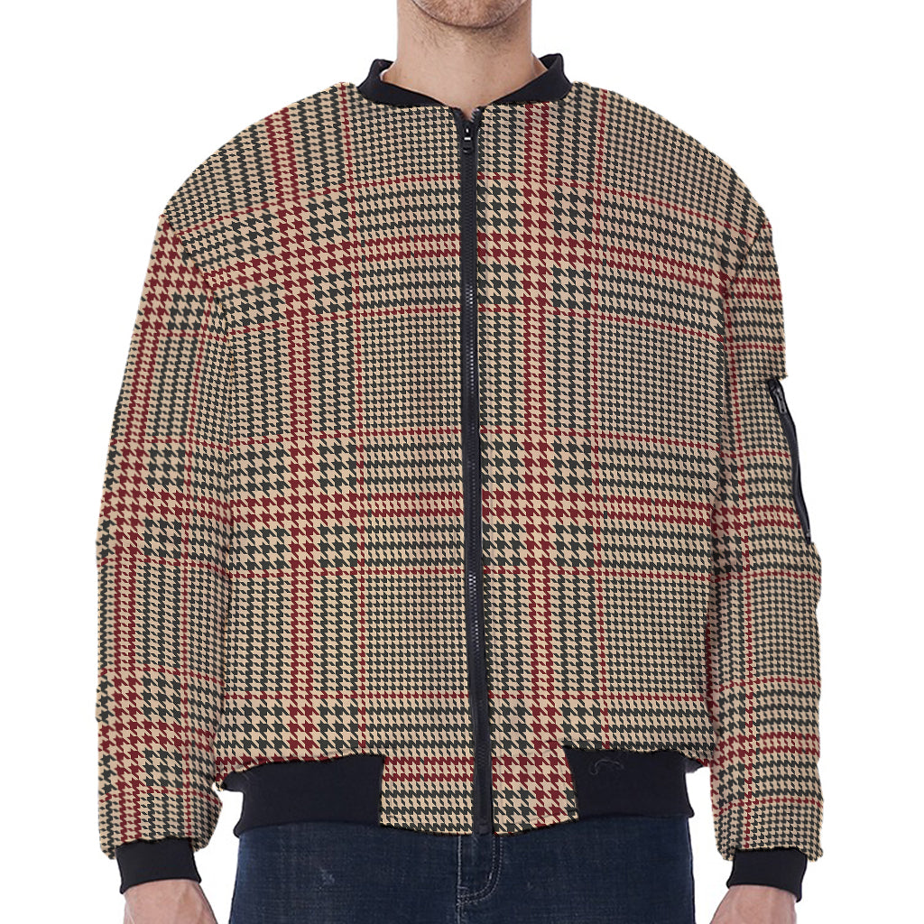 Brown Beige And Red Glen Plaid Print Zip Sleeve Bomber Jacket