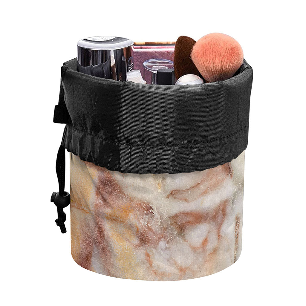 Brown Beige Marble Print Drawstring Makeup Bag