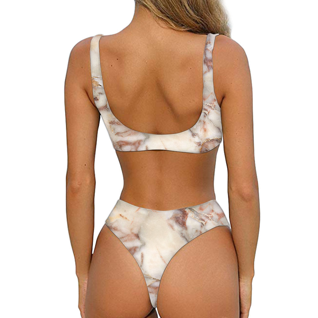 Brown Beige Marble Print Front Bow Tie Bikini