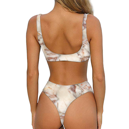 Brown Beige Marble Print Front Bow Tie Bikini