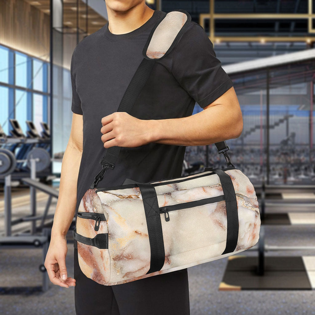 Brown Beige Marble Print Gym Bag