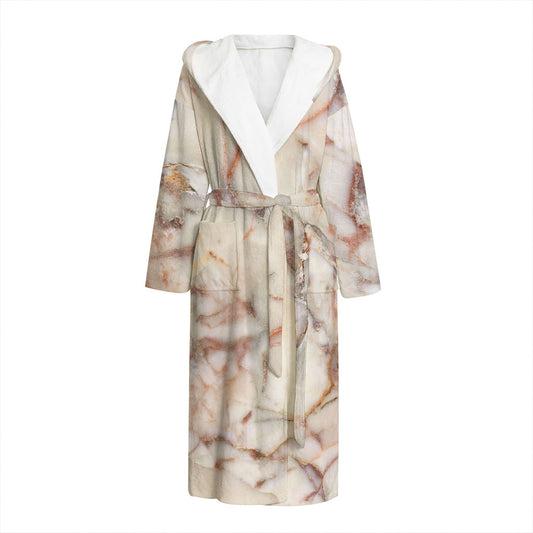 Brown Beige Marble Print Hooded Bathrobe