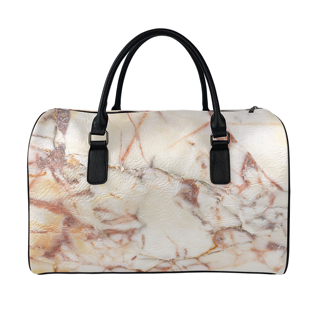 Brown Beige Marble Print Leather Duffle Bag