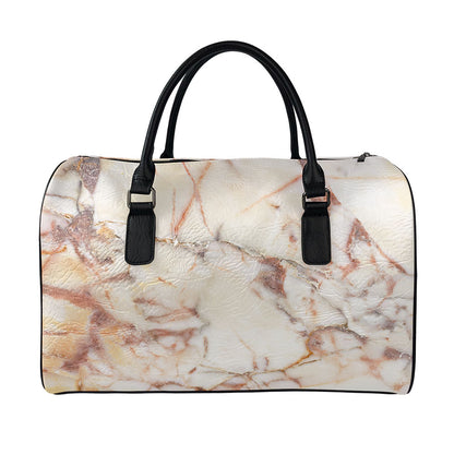 Brown Beige Marble Print Leather Duffle Bag