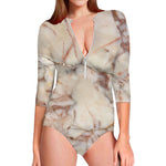 Brown Beige Marble Print Long Sleeve Swimsuit