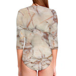 Brown Beige Marble Print Long Sleeve Swimsuit