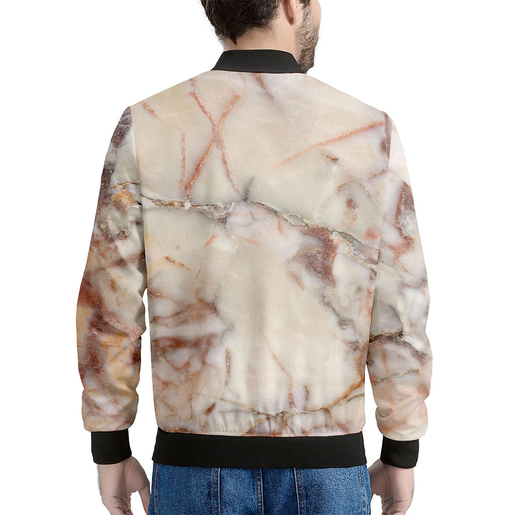 Brown Beige Marble Print Men's Bomber Jacket