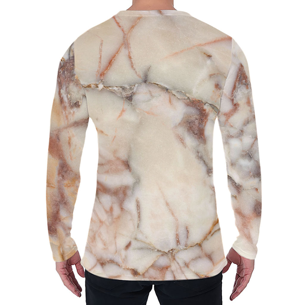 Brown Beige Marble Print Men's Long Sleeve T-Shirt