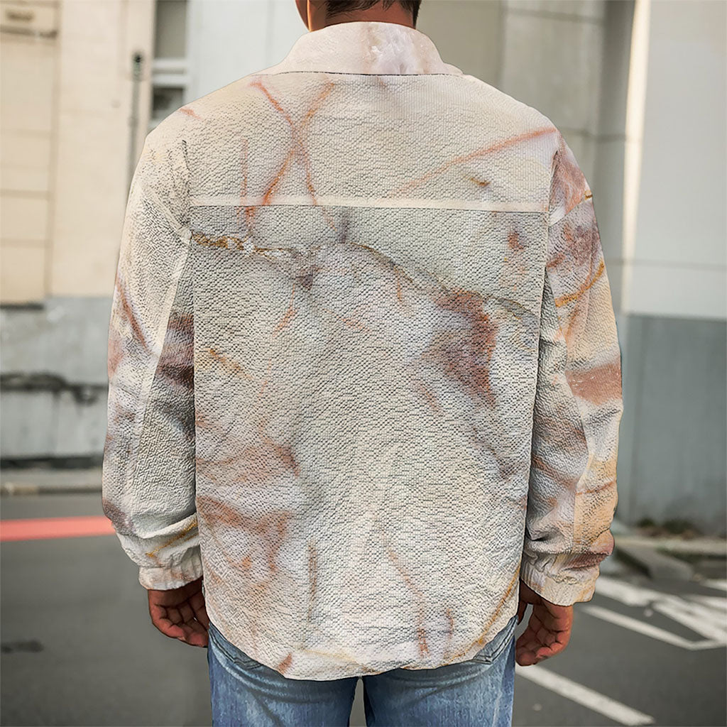 Brown Beige Marble Print Men's Shirt Jacket