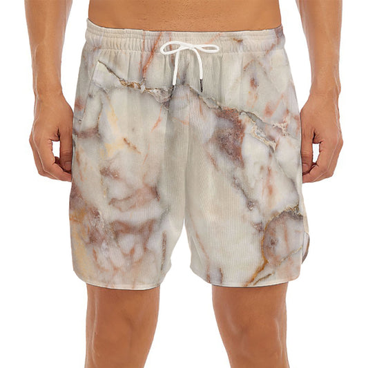Brown Beige Marble Print Men's Split Running Shorts