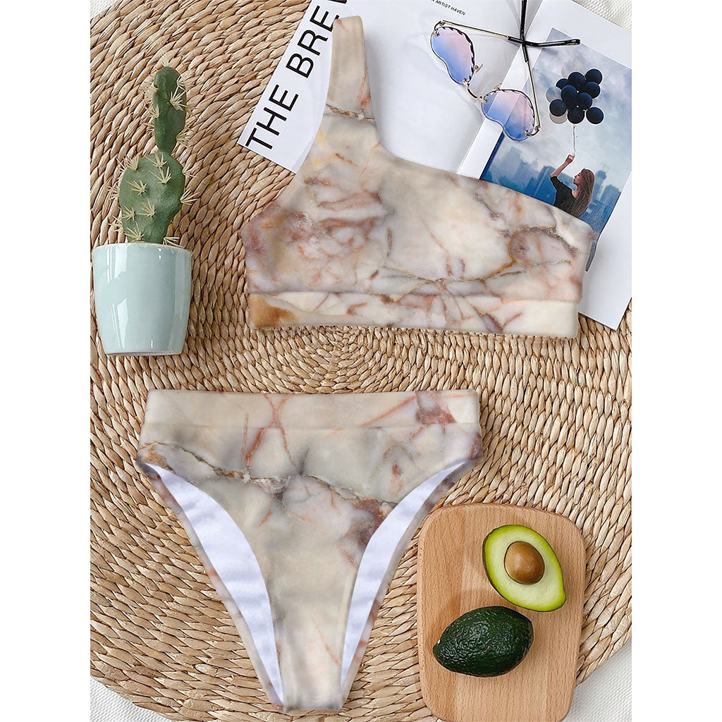 Brown Beige Marble Print One Shoulder Bikini Top