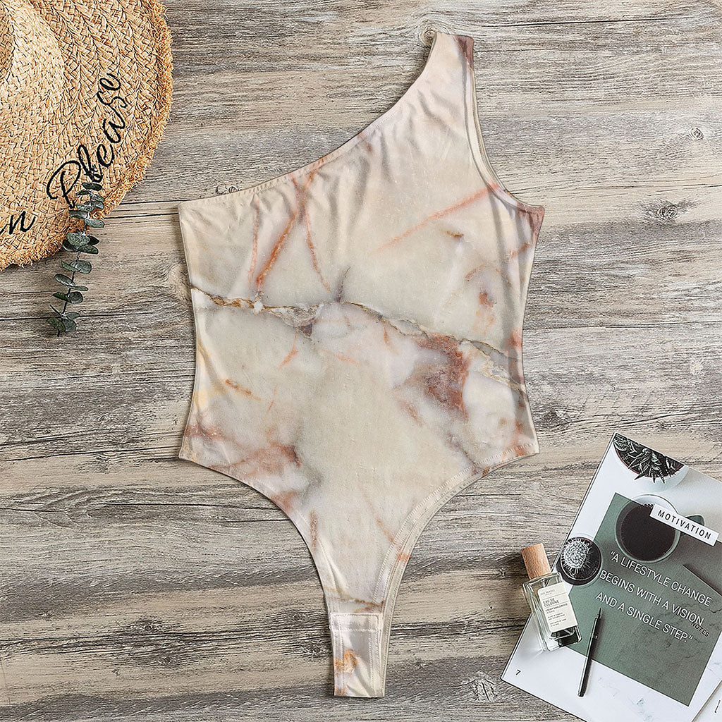 Brown Beige Marble Print One Shoulder Bodysuit