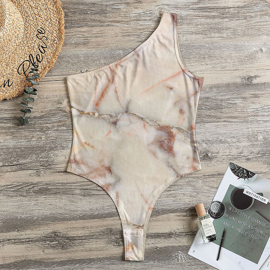 Brown Beige Marble Print One Shoulder Bodysuit