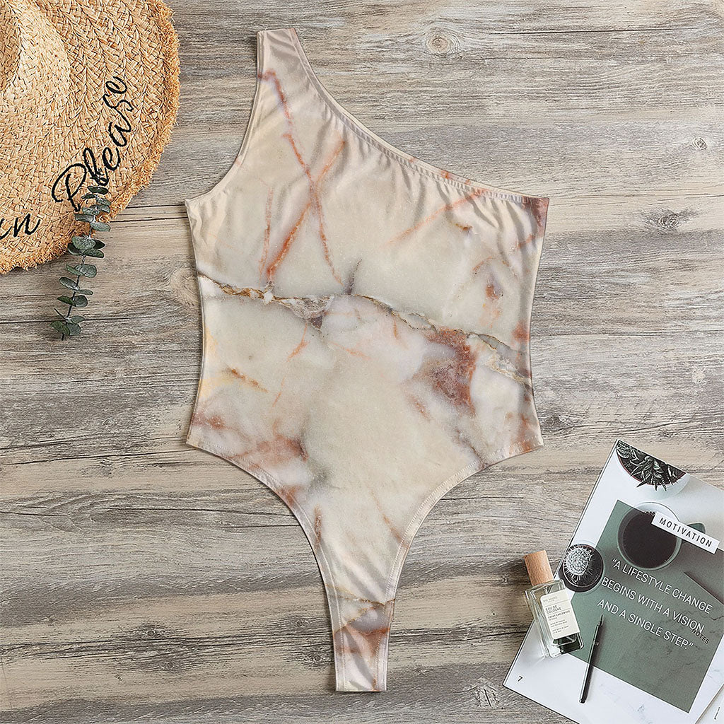 Brown Beige Marble Print One Shoulder Bodysuit