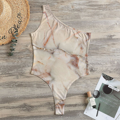 Brown Beige Marble Print One Shoulder Bodysuit