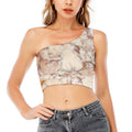 Brown Beige Marble Print One Shoulder Crop Top