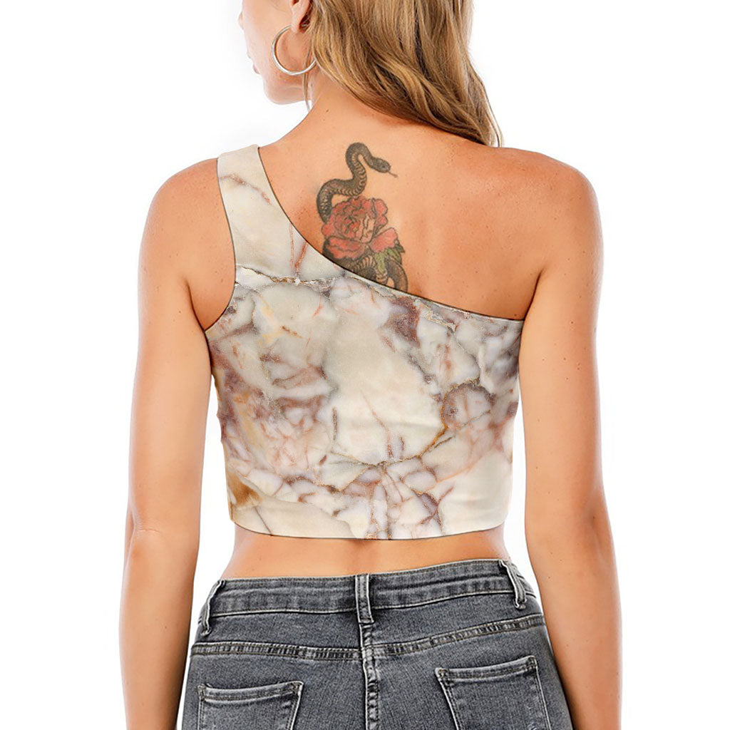 Brown Beige Marble Print One Shoulder Crop Top