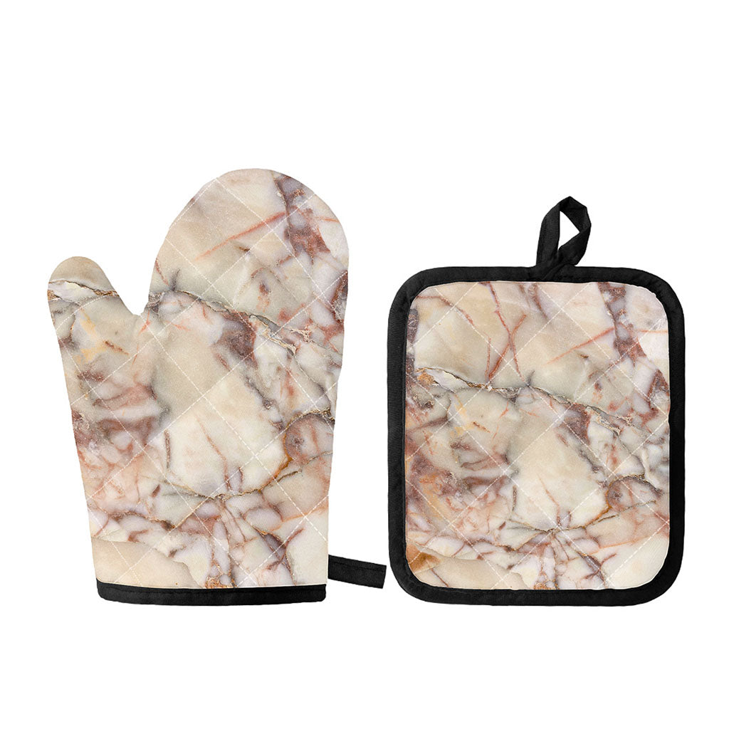 Brown Beige Marble Print Oven Mitt And Pot Holder Set