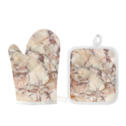 Brown Beige Marble Print Oven Mitt And Pot Holder Set