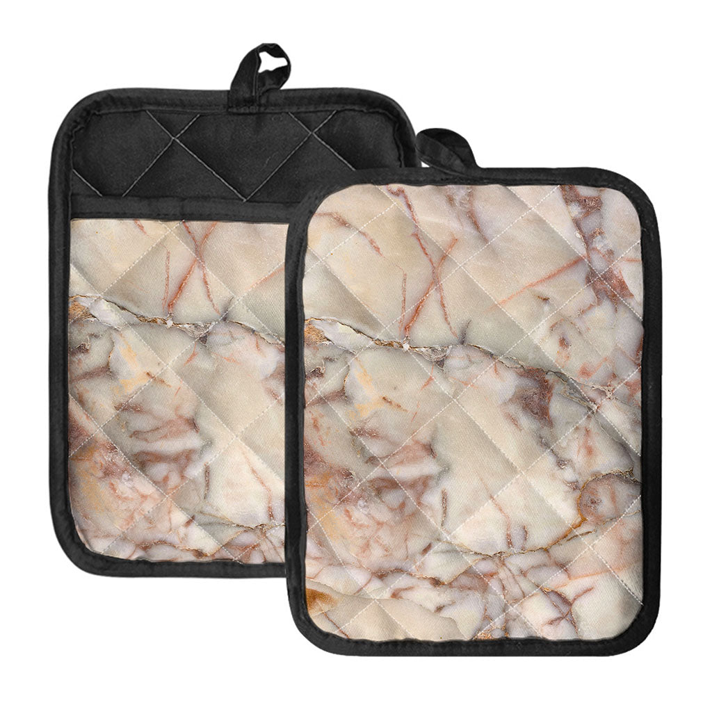 Brown Beige Marble Print Pot Holders With Pocket