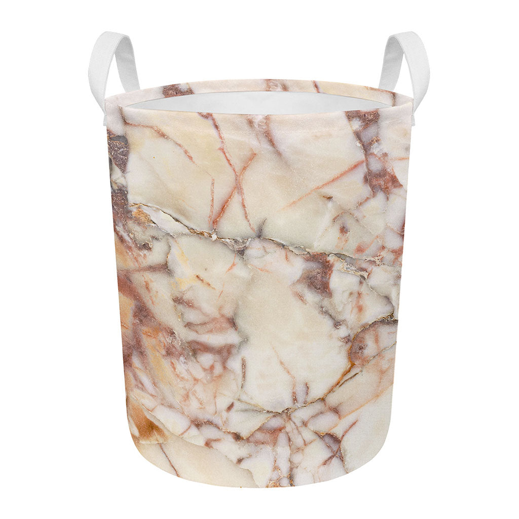 Brown Beige Marble Print Round Laundry Basket