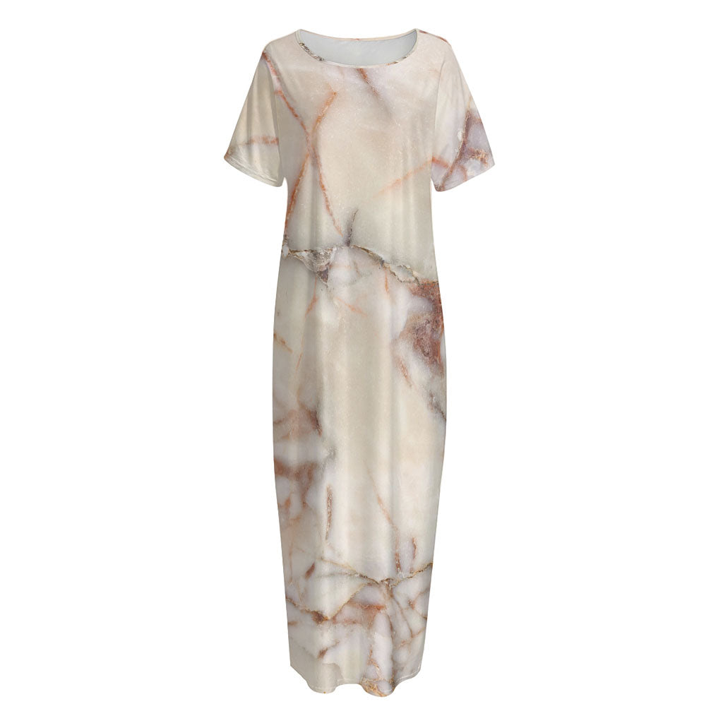 Brown Beige Marble Print Short Sleeve Long Nightdress