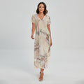 Brown Beige Marble Print Short Sleeve Maxi Dress