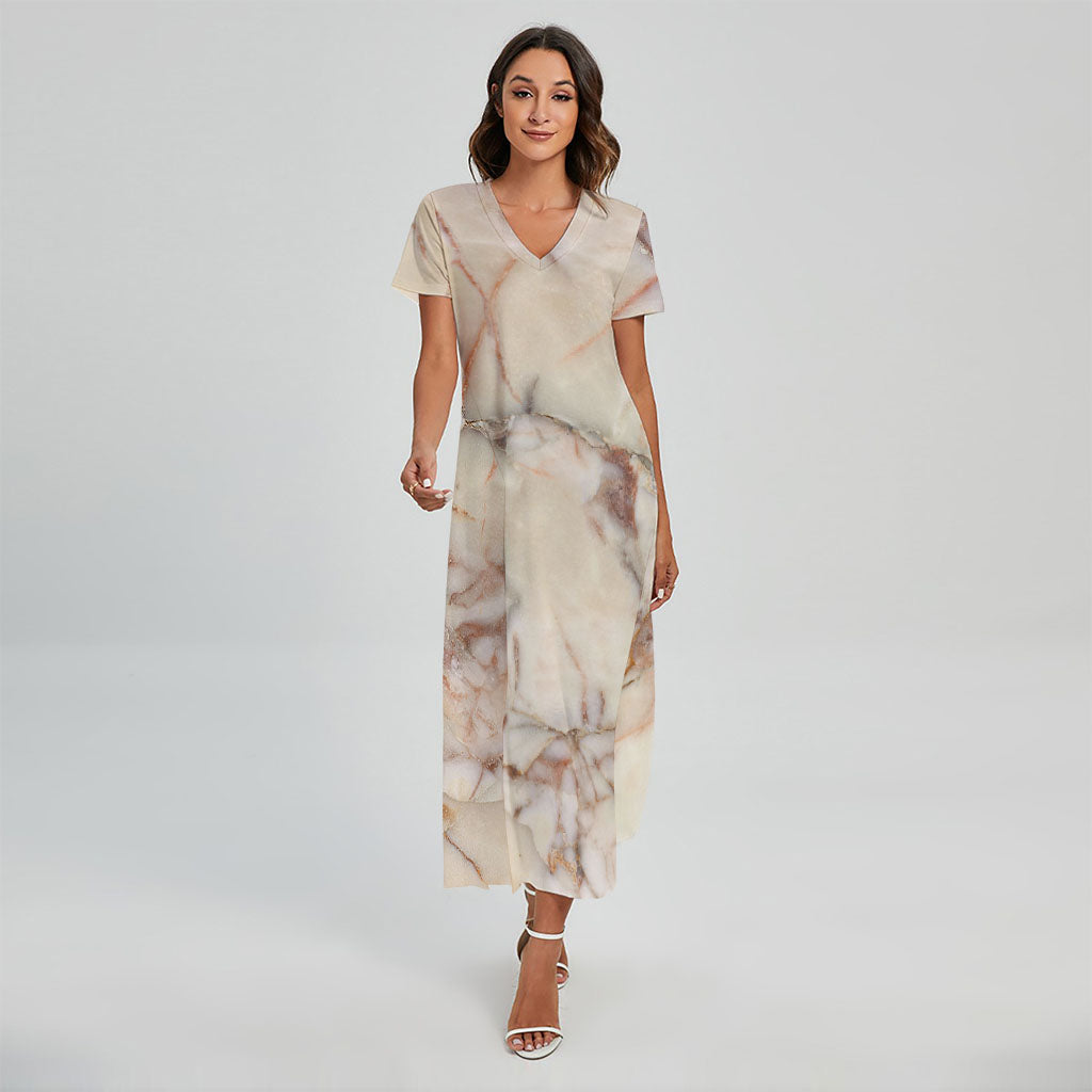 Brown Beige Marble Print Short Sleeve Maxi Dress