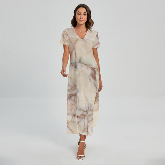 Brown Beige Marble Print Short Sleeve Maxi Dress