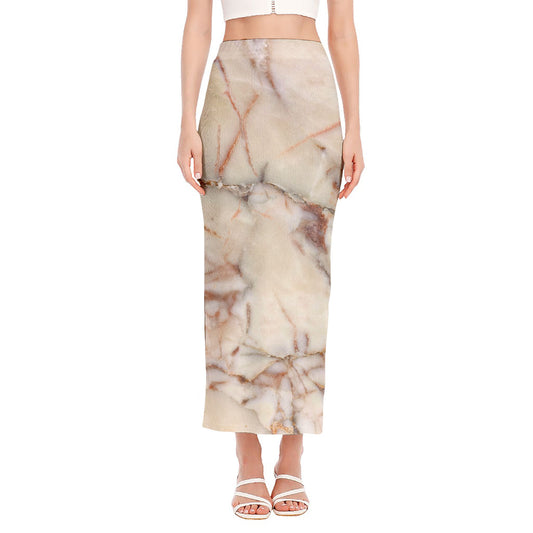 Brown Beige Marble Print Side Slit Maxi Skirt