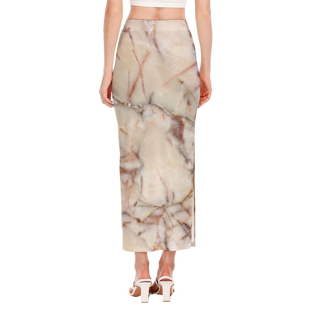 Brown Beige Marble Print Side Slit Maxi Skirt