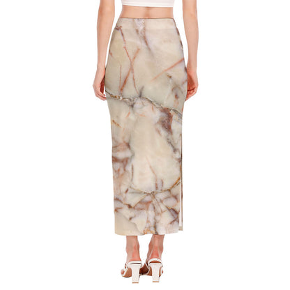 Brown Beige Marble Print Side Slit Maxi Skirt