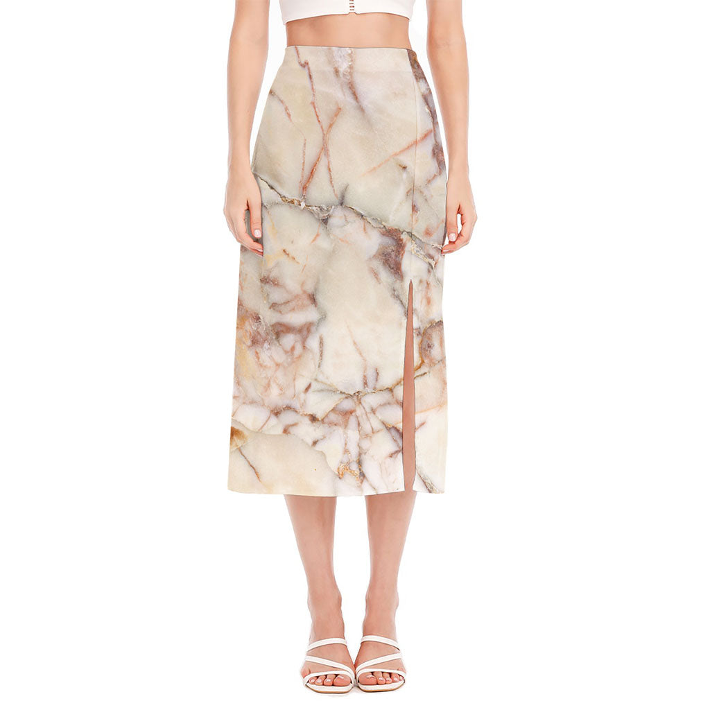 Brown Beige Marble Print Side Slit Midi Skirt