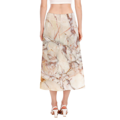 Brown Beige Marble Print Side Slit Midi Skirt