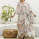Brown Beige Marble Print Silk V-Neck Kaftan Dress