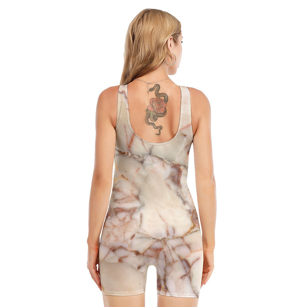 Brown Beige Marble Print Sleeveless One Piece Swimsuit