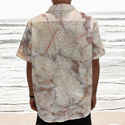 Brown Beige Marble Print Textured Short Sleeve Shirt