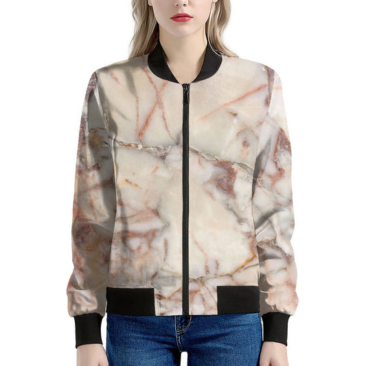 Brown Beige Marble Print Women's Bomber Jacket