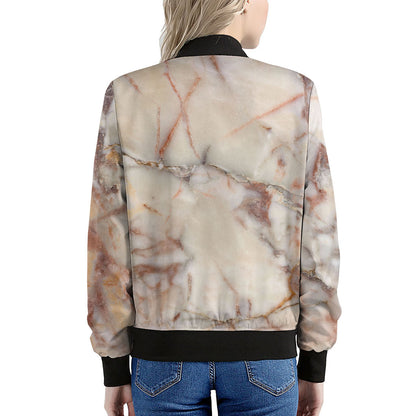 Brown Beige Marble Print Women's Bomber Jacket